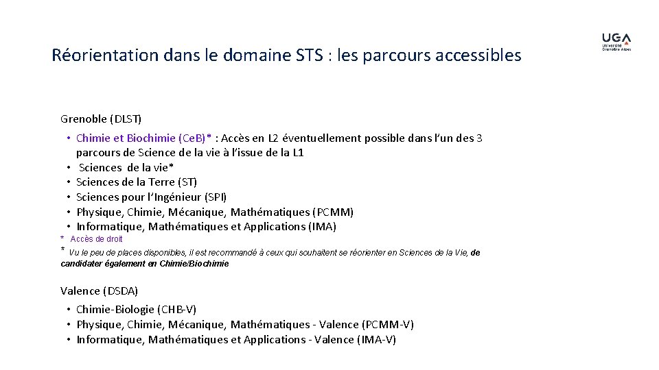 Réorientation dans le domaine STS : les parcours accessibles Grenoble (DLST) • Chimie et