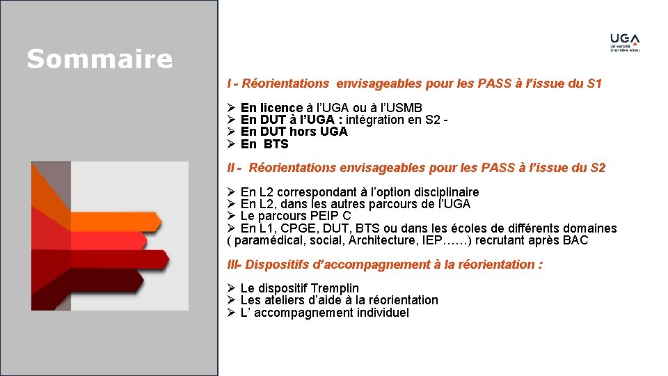 Sommaire I - Réorientations envisageables pour les PASS à l’issue du S 1 Ø