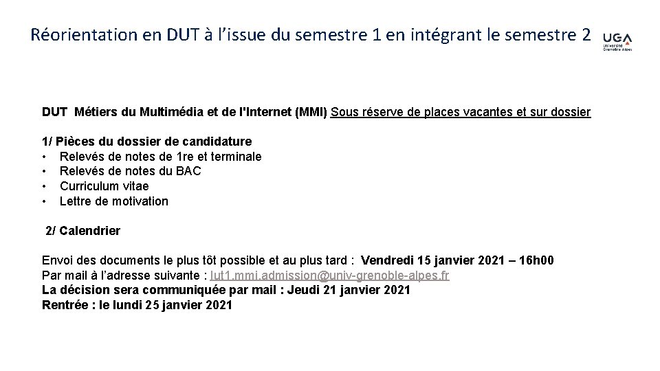 Réorientation en DUT à l’issue du semestre 1 en intégrant le semestre 2 DUT