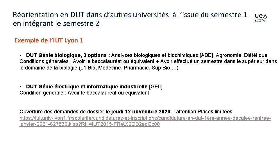 Réorientation en DUT dans d’autres universités à l’issue du semestre 1 en intégrant le