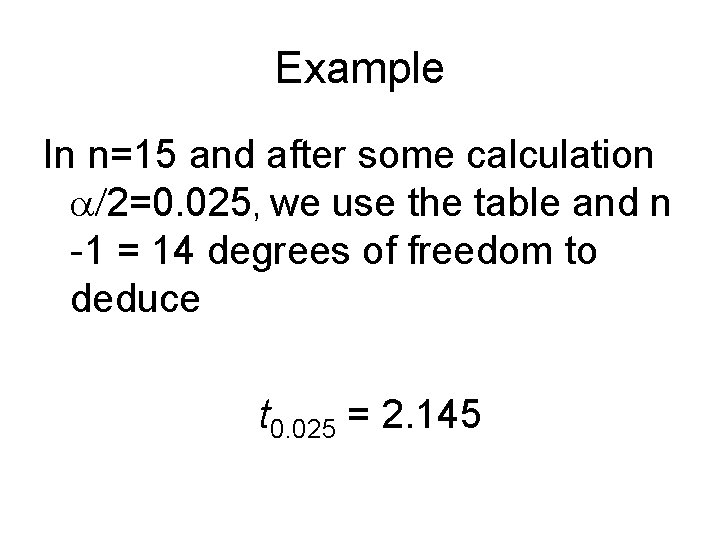 Example In n=15 and after some calculation a/2=0. 025, we use the table and