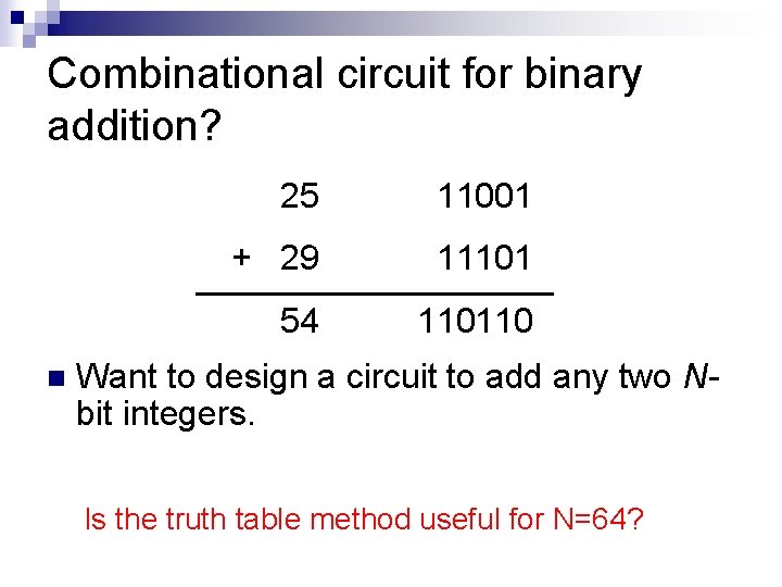 Combinational circuit for binary addition? n 25 11001 + 29 11101 54 110110 Want