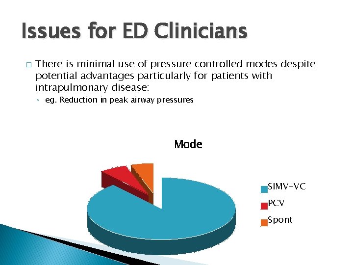 Issues for ED Clinicians � There is minimal use of pressure controlled modes despite