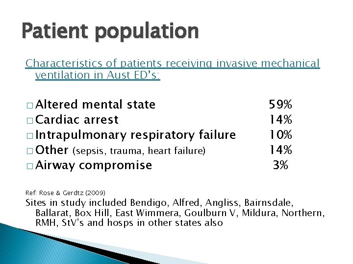 Patient population Characteristics of patients receiving invasive mechanical ventilation in Aust ED’s: � Altered
