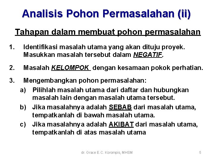 Analisis Pohon Permasalahan (ii) Tahapan dalam membuat pohon permasalahan 1. Identifikasi masalah utama yang Analisis Pohon Permasalahan (ii) Tahapan dalam membuat pohon permasalahan 1. Identifikasi masalah utama yang