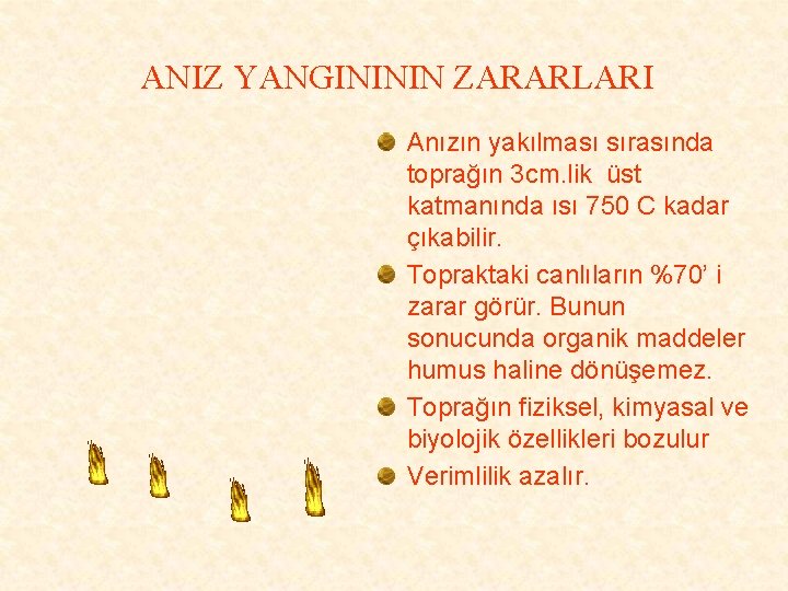 ANIZ YANGINININ ZARARLARI Anızın yakılması sırasında toprağın 3 cm. lik üst katmanında ısı 750