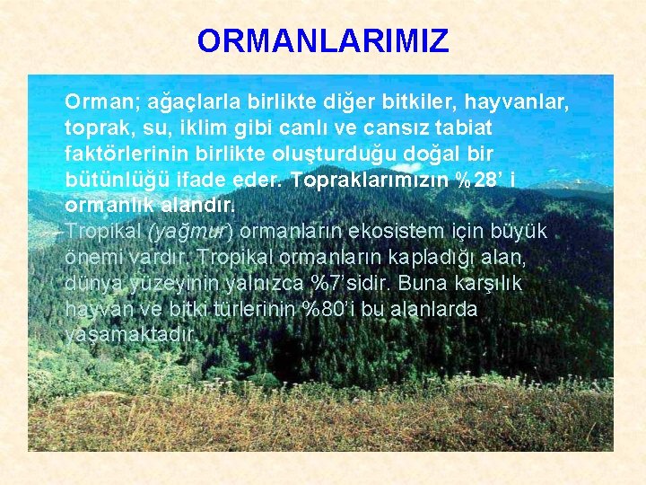 ORMANLARIMIZ Orman; ağaçlarla birlikte diğer bitkiler, hayvanlar, toprak, su, iklim gibi canlı ve cansız