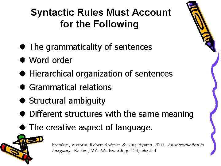 Syntactic Rules Must Account for the Following The grammaticality of sentences Word order Hierarchical