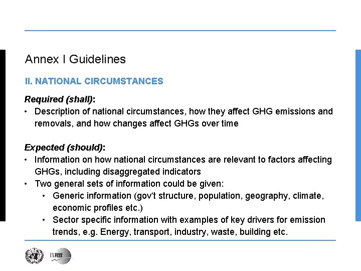 Annex I Guidelines II. NATIONAL CIRCUMSTANCES Required (shall): • Description of national circumstances, how