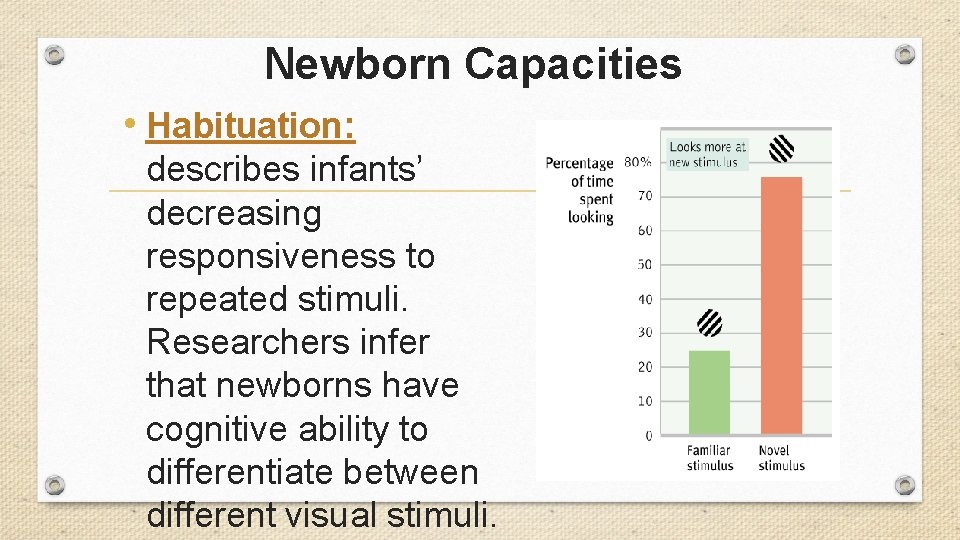 Newborn Capacities • Habituation: describes infants’ decreasing responsiveness to repeated stimuli. Researchers infer that