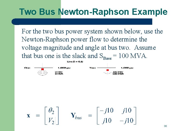 Two Bus Newton-Raphson Example For the two bus power system shown below, use the