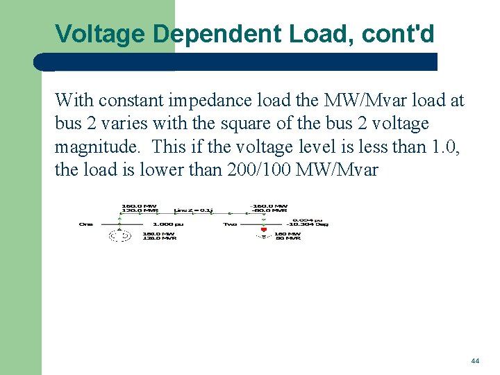 Voltage Dependent Load, cont'd With constant impedance load the MW/Mvar load at bus 2