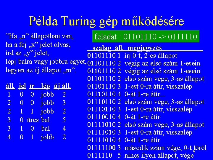 Példa Turing gép működésére ”Ha „n” állapotban van, feladat : 01101110 -> 0111110 ha