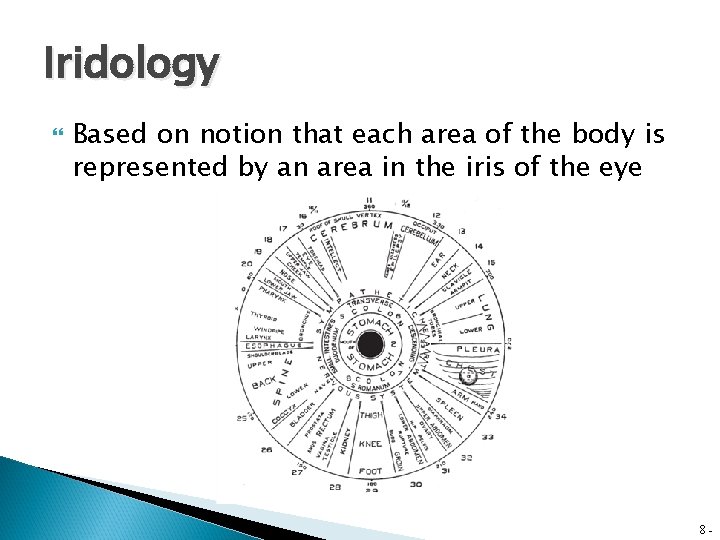 Iridology Based on notion that each area of the body is represented by an