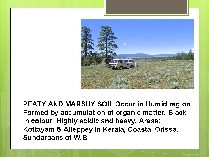 PEATY AND MARSHY SOIL Occur in Humid region. Formed by accumulation of organic matter. PEATY AND MARSHY SOIL Occur in Humid region. Formed by accumulation of organic matter.