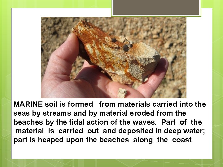 MARINE soil is formed from materials carried into the seas by streams and by MARINE soil is formed from materials carried into the seas by streams and by