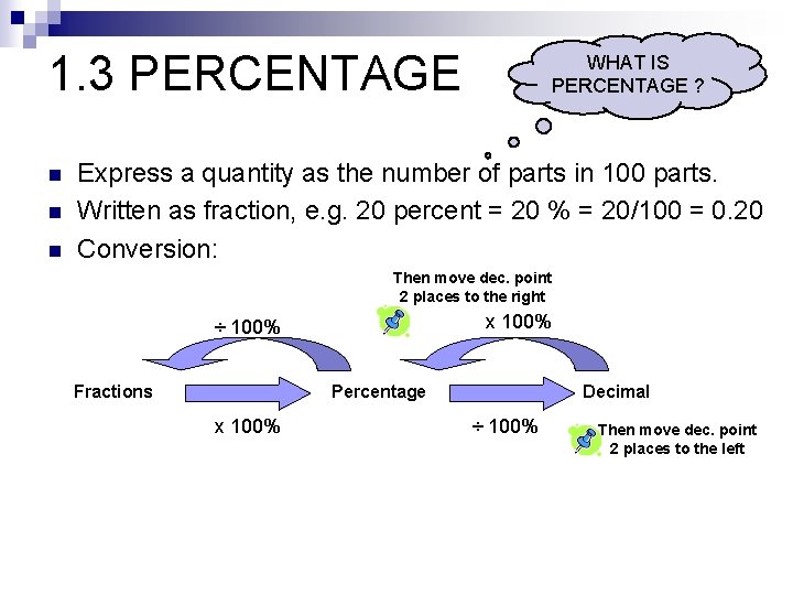 1. 3 PERCENTAGE n n n WHAT IS PERCENTAGE ? Express a quantity as
