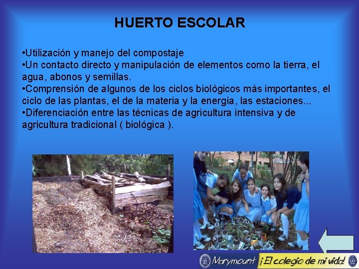 HUERTO ESCOLAR • Utilización y manejo del compostaje • Un contacto directo y manipulación