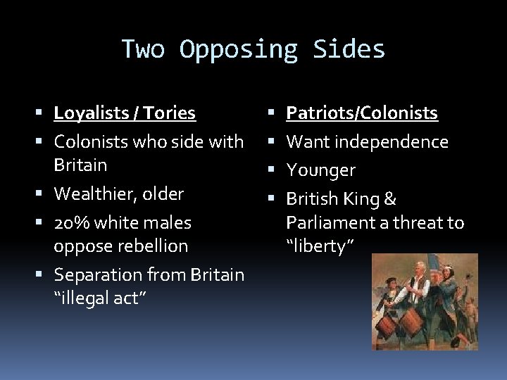 Two Opposing Sides Loyalists / Tories Colonists who side with Britain Wealthier, older 20% Two Opposing Sides Loyalists / Tories Colonists who side with Britain Wealthier, older 20%