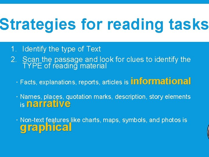 Strategies for reading tasks 1. Identify the type of Text 2. Scan the passage