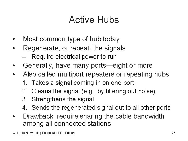 Active Hubs • • Most common type of hub today Regenerate, or repeat, the