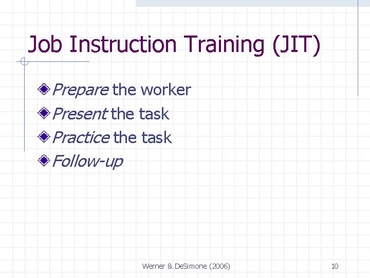 Job Instruction Training (JIT) Prepare the worker Present the task Practice the task Follow-up