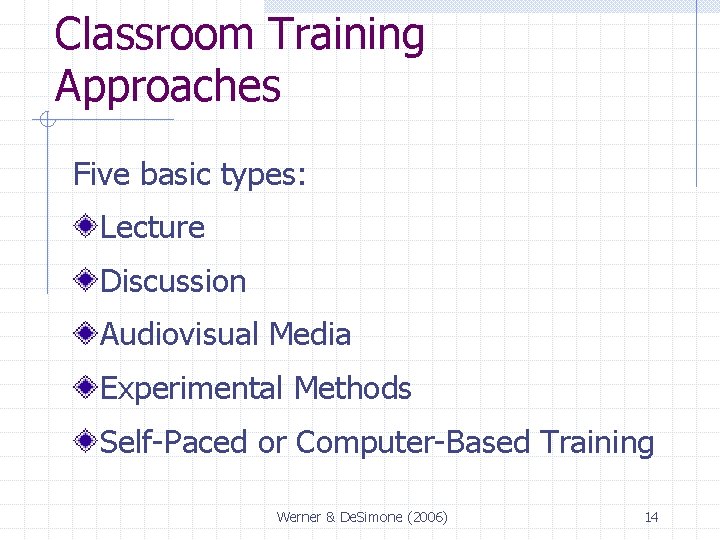 Classroom Training Approaches Five basic types: Lecture Discussion Audiovisual Media Experimental Methods Self-Paced or