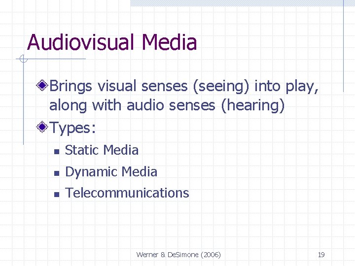 Audiovisual Media Brings visual senses (seeing) into play, along with audio senses (hearing) Types: