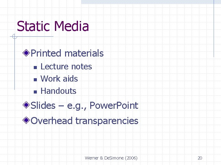 Static Media Printed materials n n n Lecture notes Work aids Handouts Slides –