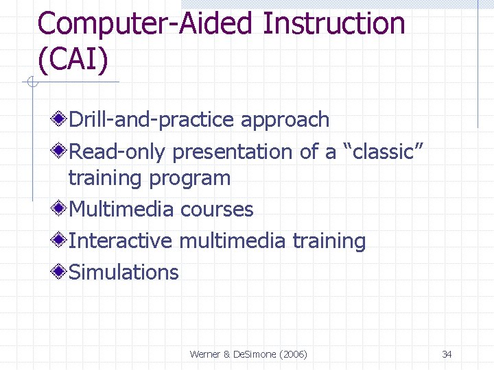 Computer-Aided Instruction (CAI) Drill-and-practice approach Read-only presentation of a “classic” training program Multimedia courses