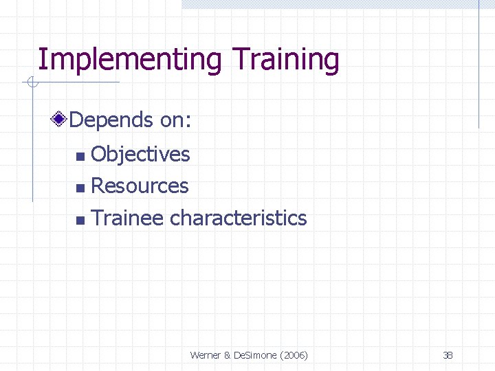Implementing Training Depends on: Objectives n Resources n Trainee characteristics n Werner & De.