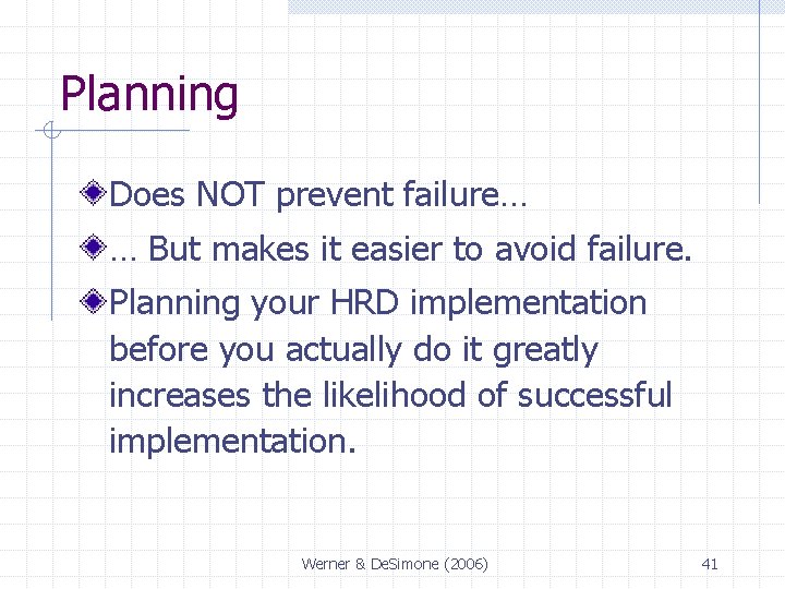 Planning Does NOT prevent failure… … But makes it easier to avoid failure. Planning