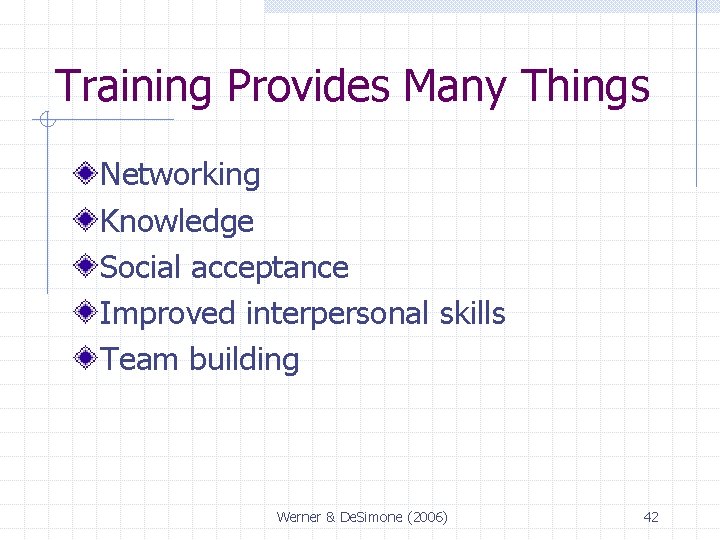 Training Provides Many Things Networking Knowledge Social acceptance Improved interpersonal skills Team building Werner