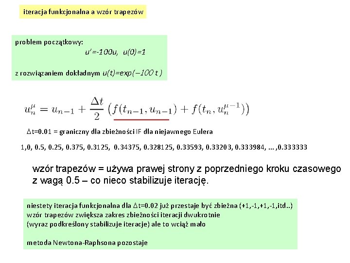 iteracja funkcjonalna a wzór trapezów problem początkowy: u’=-100 u, u(0)=1 z rozwiązaniem dokładnym u(t)=exp(-100