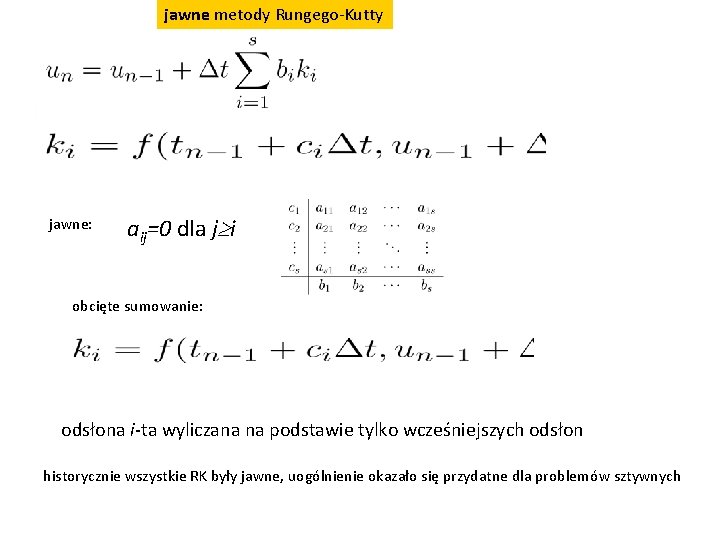 jawne metody Rungego-Kutty jawne: aij=0 dla j i obcięte sumowanie: odsłona i-ta wyliczana na
