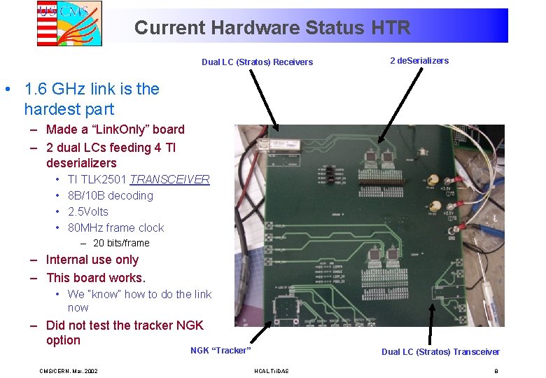 Current Hardware Status HTR Dual LC (Stratos) Receivers 2 de. Serializers • 1. 6
