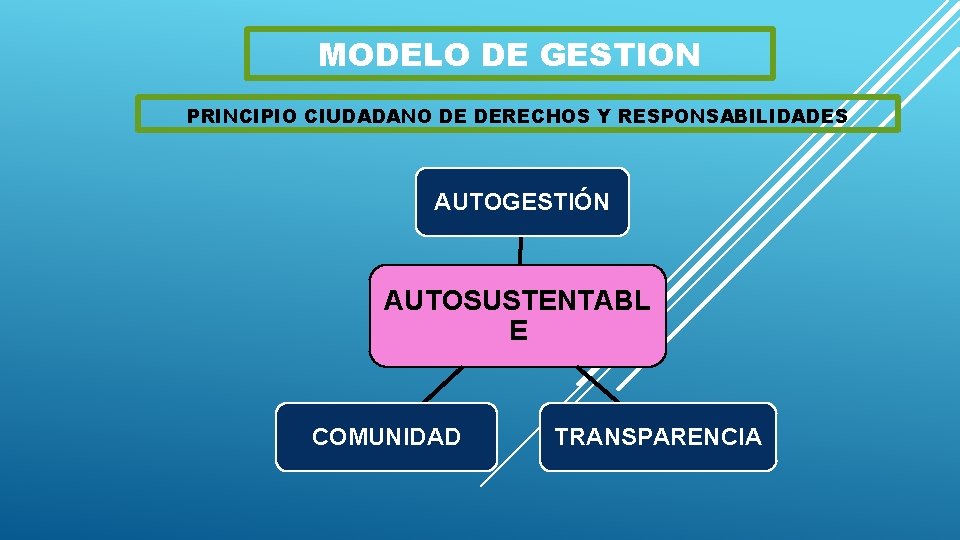 MODELO DE GESTION PRINCIPIO CIUDADANO DE DERECHOS Y RESPONSABILIDADES AUTOGESTIÓN AUTOSUSTENTABL E COMUNIDAD TRANSPARENCIA