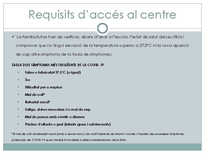 Requisits d’accés al centre ü La família/tutors han de verificar, abans d’anar a l’escola,