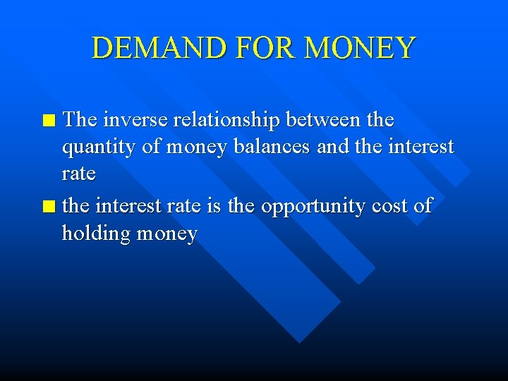 DEMAND FOR MONEY The inverse relationship between the quantity of money balances and the