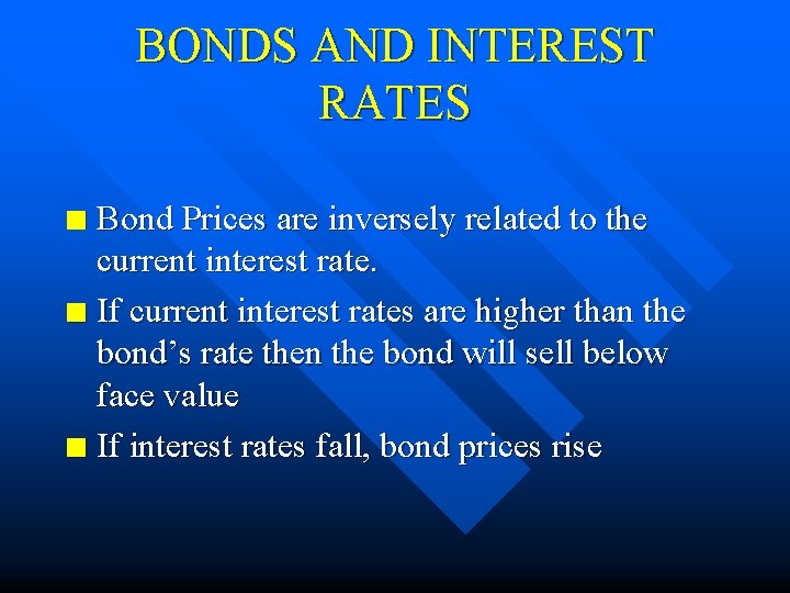 BONDS AND INTEREST RATES Bond Prices are inversely related to the current interest rate.