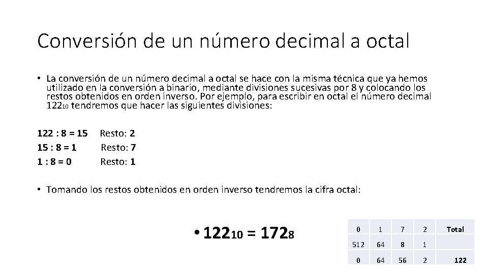 Conversión de un número decimal a octal • La conversión de un número decimal