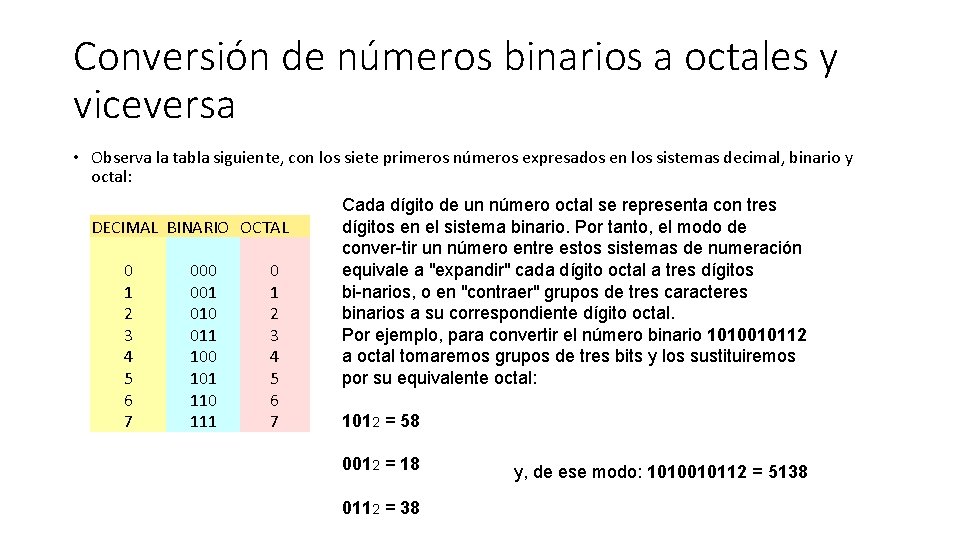 Conversión de números binarios a octales y viceversa • Observa la tabla siguiente, con