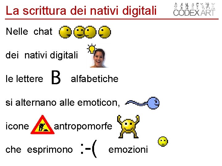 La scrittura dei nativi digitali Nelle chat dei nativi digitali le lettere alfabetiche si