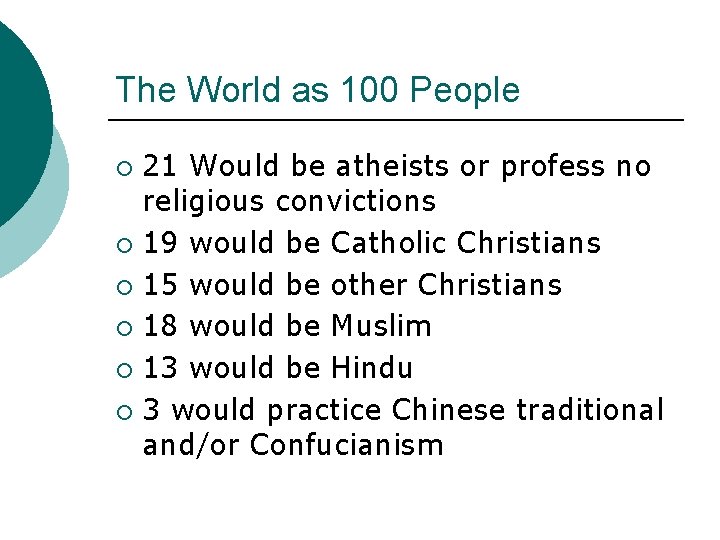 The World as 100 People 21 Would be atheists or profess no religious convictions The World as 100 People 21 Would be atheists or profess no religious convictions