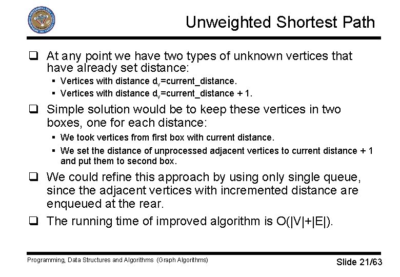 Unweighted Shortest Path q At any point we have two types of unknown vertices