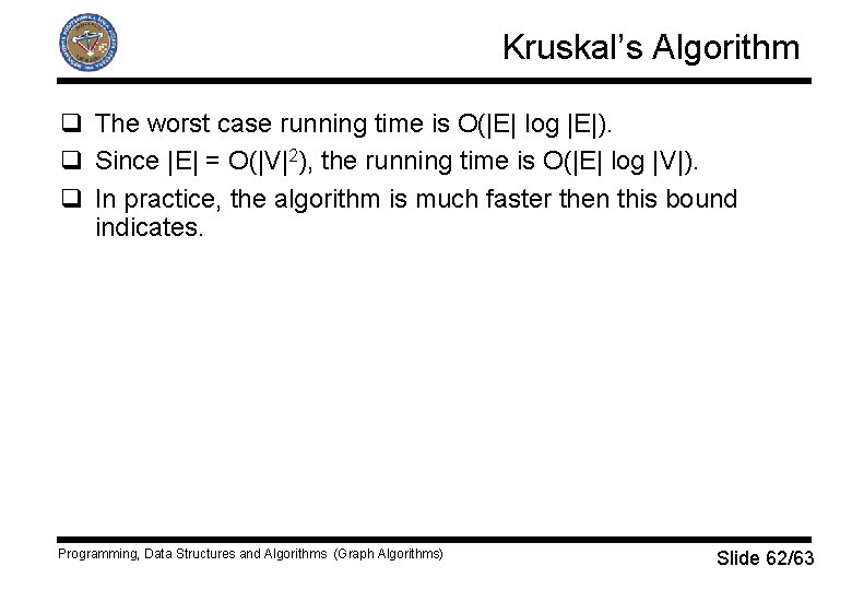 Kruskal’s Algorithm q The worst case running time is O(|E| log |E|). q Since