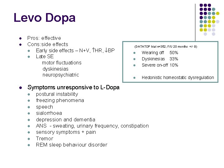 Levo Dopa l l Pros: effective Cons: side effects l l l Early side