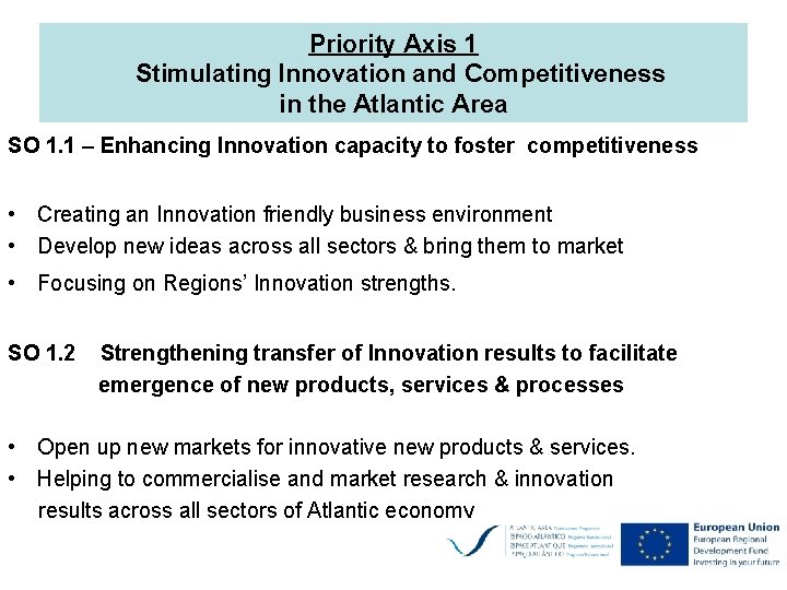 Priority Axis 1 Stimulating Innovation and Competitiveness in the Atlantic Area SO 1. 1