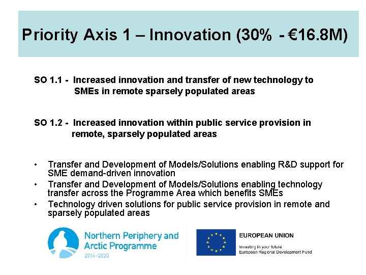 Priority Axis 1 – Innovation (30% - € 16. 8 M) SO 1. 1