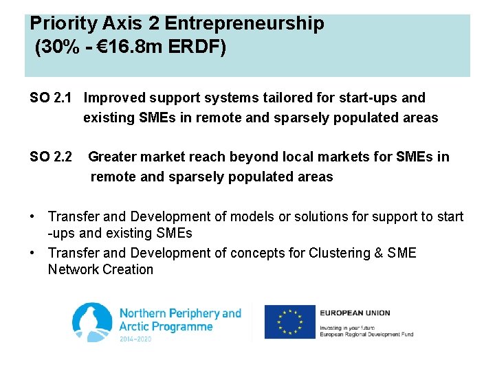 Priority Axis 2 Entrepreneurship (30% - € 16. 8 m ERDF) SO 2. 1